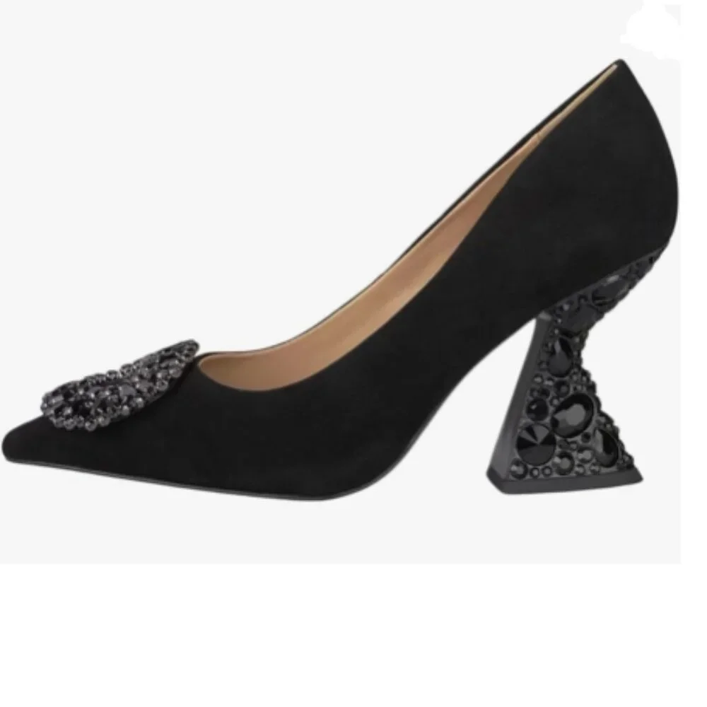 YDN Black Studded Buckle Pumps Rhinestone Slip On Crystal Chunky High Heel Shoe
